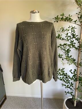 Retro Olive Green Knit Crewneck Sweater